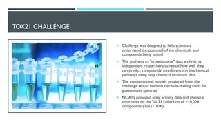 TOX21 CHALLENGE
¡ Challenge was designed to help scientists
understand the potential of the chemicals and
compounds being tested
¡ The goal was to "crowdsource" data analysis by
independent researchers to reveal how well they
can predict compounds' interference in biochemical
pathways using only chemical structure data.
¡ The computational models produced from the
challenge would become decision-making tools for
government agencies
¡ NCATS provided assay activity data and chemical
structures on the Tox21 collection of ~10,000
compounds (Tox21 10K).
 