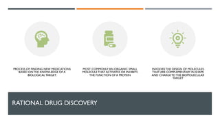 RATIONAL DRUG DISCOVERY
PROCESS OF FINDING NEW MEDICATIONS
BASED ON THE KNOWLEDGE OF A
BIOLOGICAL TARGET.
MOST COMMONLY AN ORGANIC SMALL
MOLECULE THAT ACTIVATES OR INHIBITS
THE FUNCTION OF A PROTEIN
INVOLVES THE DESIGN OF MOLECULES
THAT ARE COMPLEMENTARY IN SHAPE
AND CHARGE TO THE BIOMOLECULAR
TARGET
 