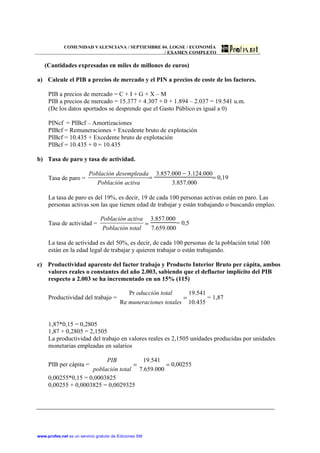 COMUNIDAD VALENCIANA / SEPTIEMBRE 04. LOGSE / ECONOMÍA
                                                / EXAMEN COMPLETO

   (Cantidades expresadas en miles de millones de euros)

a) Calcule el PIB a precios de mercado y el PIN a precios de coste de los factores.

     PIB a precios de mercado = C + I + G + X – M
     PIB a precios de mercado = 15.377 + 4.307 + 0 + 1.894 – 2.037 = 19.541 u.m.
     (De los datos aportados se desprende que el Gasto Público es igual a 0)

     PINcf = PIBcf – Amortizaciones
     PIBcf = Remuneraciones + Excedente bruto de explotación
     PIBcf = 10.435 + Excedente bruto de explotación
     PIBcf = 10.435 + 0 = 10.435

b) Tasa de paro y tasa de actividad.

                          Población desempleada 3.857.000 − 3.124.000
     Tasa de paro =                            =                     = 0,19
                             Población activa         3.857.000

     La tasa de paro es del 19%, es decir, 19 de cada 100 personas activas están en paro. Las
     personas activas son las que tienen edad de trabajar y están trabajando o buscando empleo.

                                Población activa             3.857.000
     Tasa de actividad =                                 =               = 0,5
                                 Población total             7.659.000

     La tasa de actividad es del 50%, es decir, de cada 100 personas de la población total 100
     están en la edad legal de trabajar y quieren trabajar o están trabajando.

c) Productividad aparente del factor trabajo y Producto Interior Bruto per cápita, ambos
   valores reales o constantes del año 2.003, sabiendo que el deflactor implícito del PIB
   respecto a 2.003 se ha incrementado en un 15% (115)

                                             Pr oducción total     19.541
     Productividad del trabajo =                                 =        = 1,87
                                          Re muneraciones totales 10.435


     1,87*0,15 = 0,2805
     1,87 + 0,2805 = 2,1505
     La productividad del trabajo en valores reales es 2,1505 unidades producidas por unidades
     monetarias empleadas en salarios

                          PIB         19.541
     PIB per cápita =               =          = 0,00255
                     población total 7.659.000
     0,00255*0,15 = 0,0003825
     0,00255 + 0,0003825 = 0,0029325




www.profes.net es un servicio gratuito de Ediciones SM
 