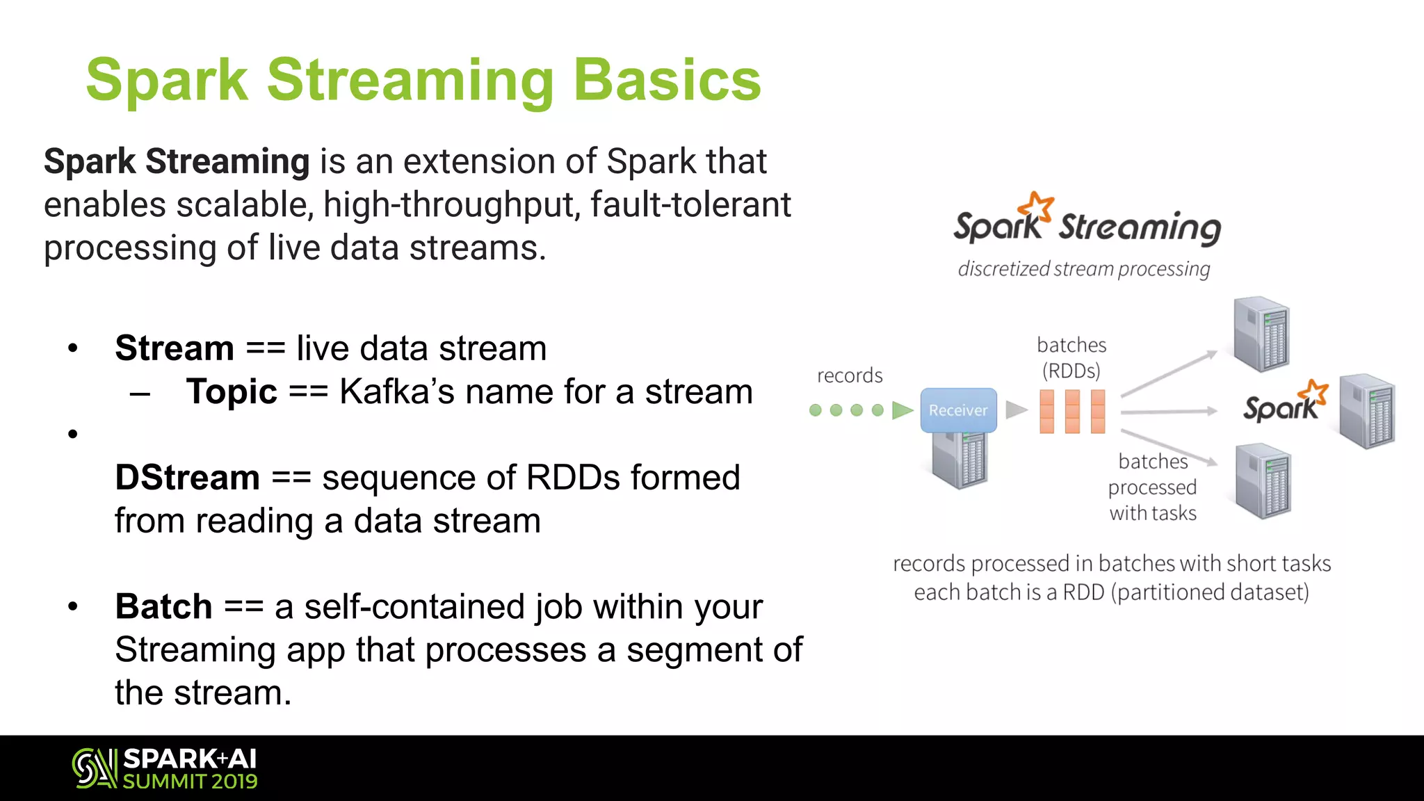 Spark Streaming Basics
Spark Streaming is an extension of Spark that
enables scalable, high-throughput, fault-tolerant
processing of live data streams.
• Stream == live data stream
– Topic == Kafka’s name for a stream
•
DStream == sequence of RDDs formed
from reading a data stream
• Batch == a self-contained job within your
Streaming app that processes a segment of
the stream.
 