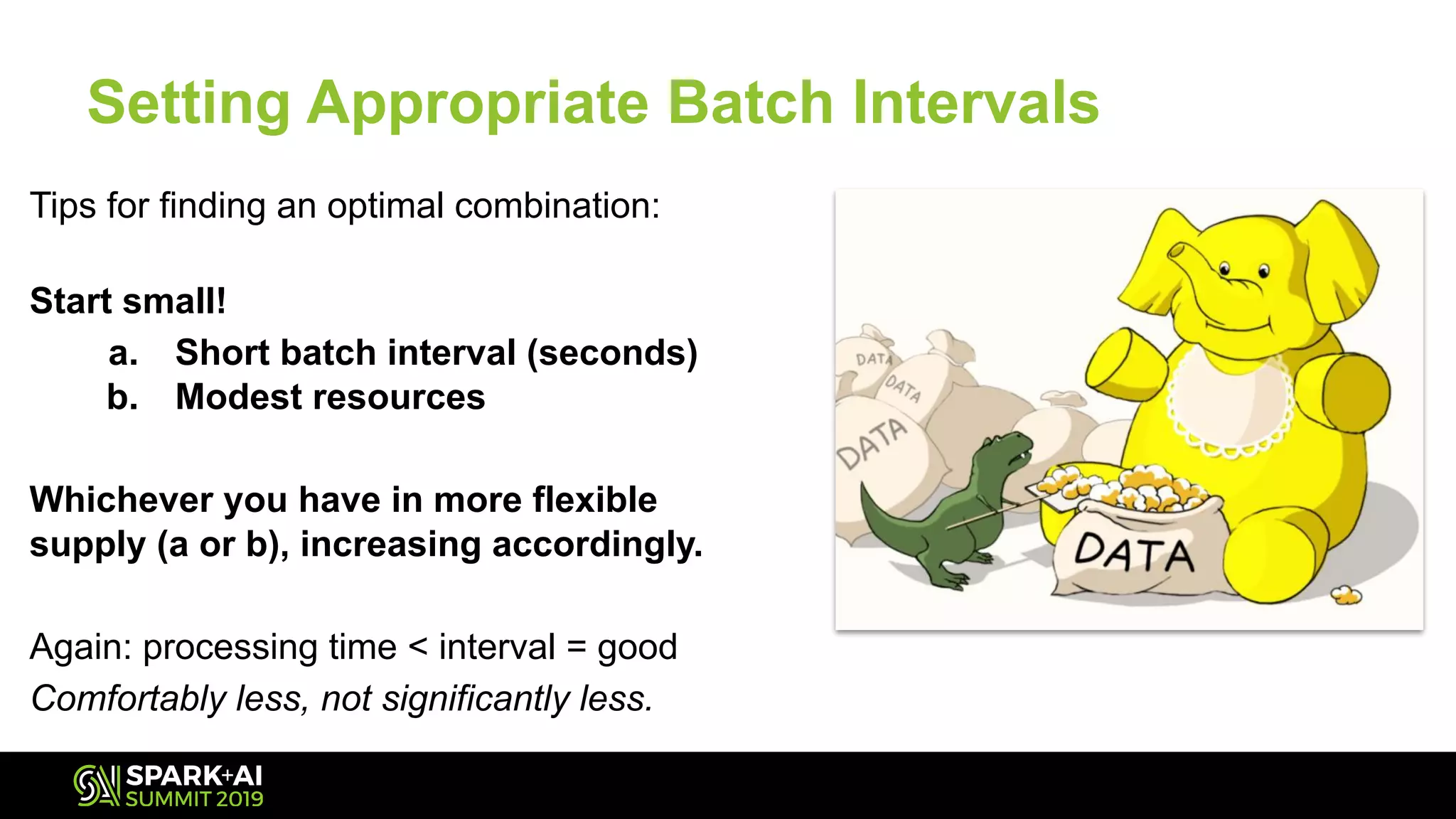 Tips for finding an optimal combination:
Start small!
a. Short batch interval (seconds)
b. Modest resources
Whichever you have in more flexible
supply (a or b), increasing accordingly.
Again: processing time < interval = good
Comfortably less, not significantly less.
Setting Appropriate Batch Intervals
 