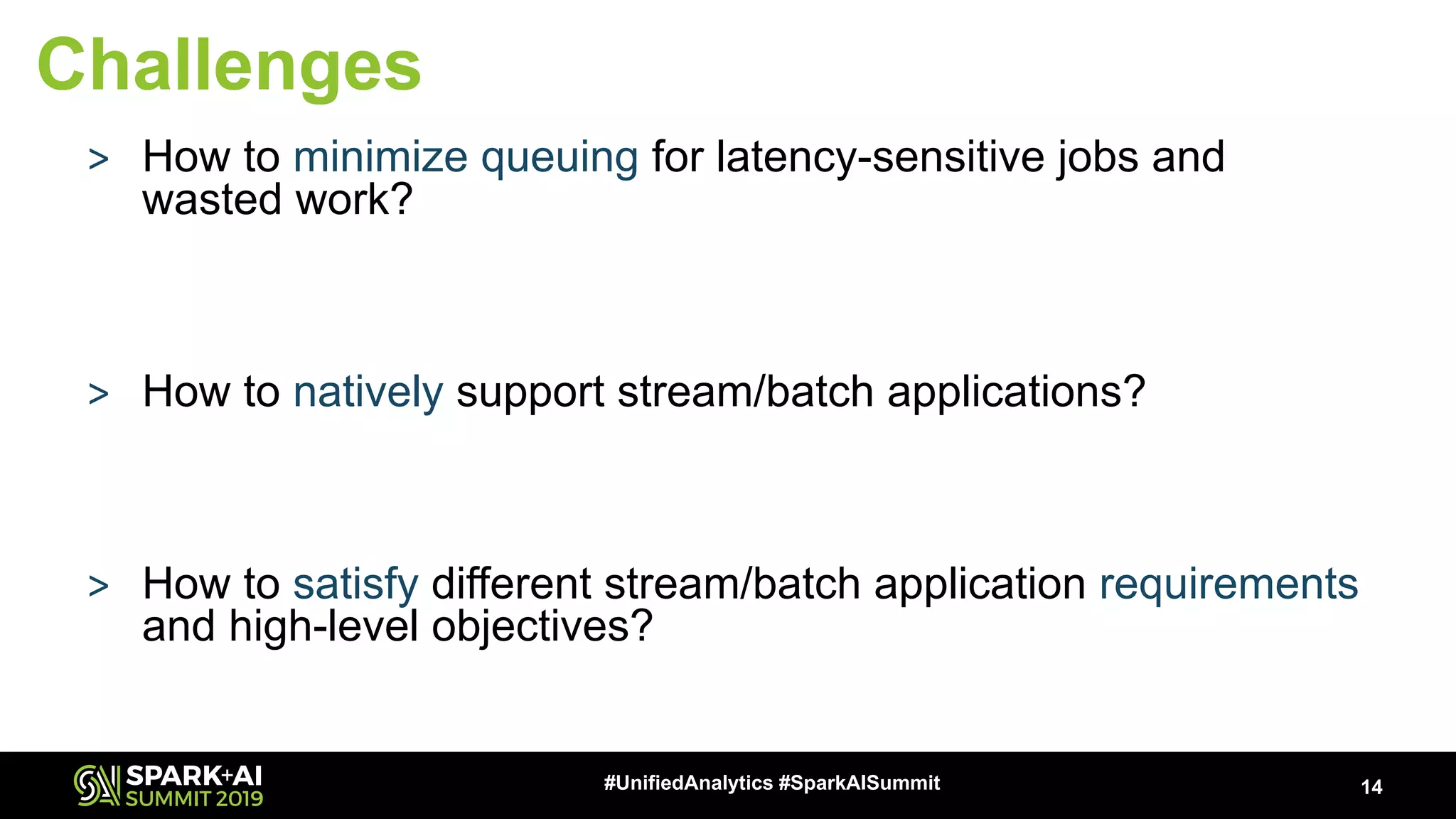 > How to minimize queuing for latency-sensitive jobs and wasted work? Implement suspendable tasks > How to natively support stream/batch applications? Provide a unified execution framework > How to satisfy different stream/batch application requirements and high-level objectives? Introduces custom scheduling policies 14#UnifiedAnalytics #SparkAISummit Challenges 