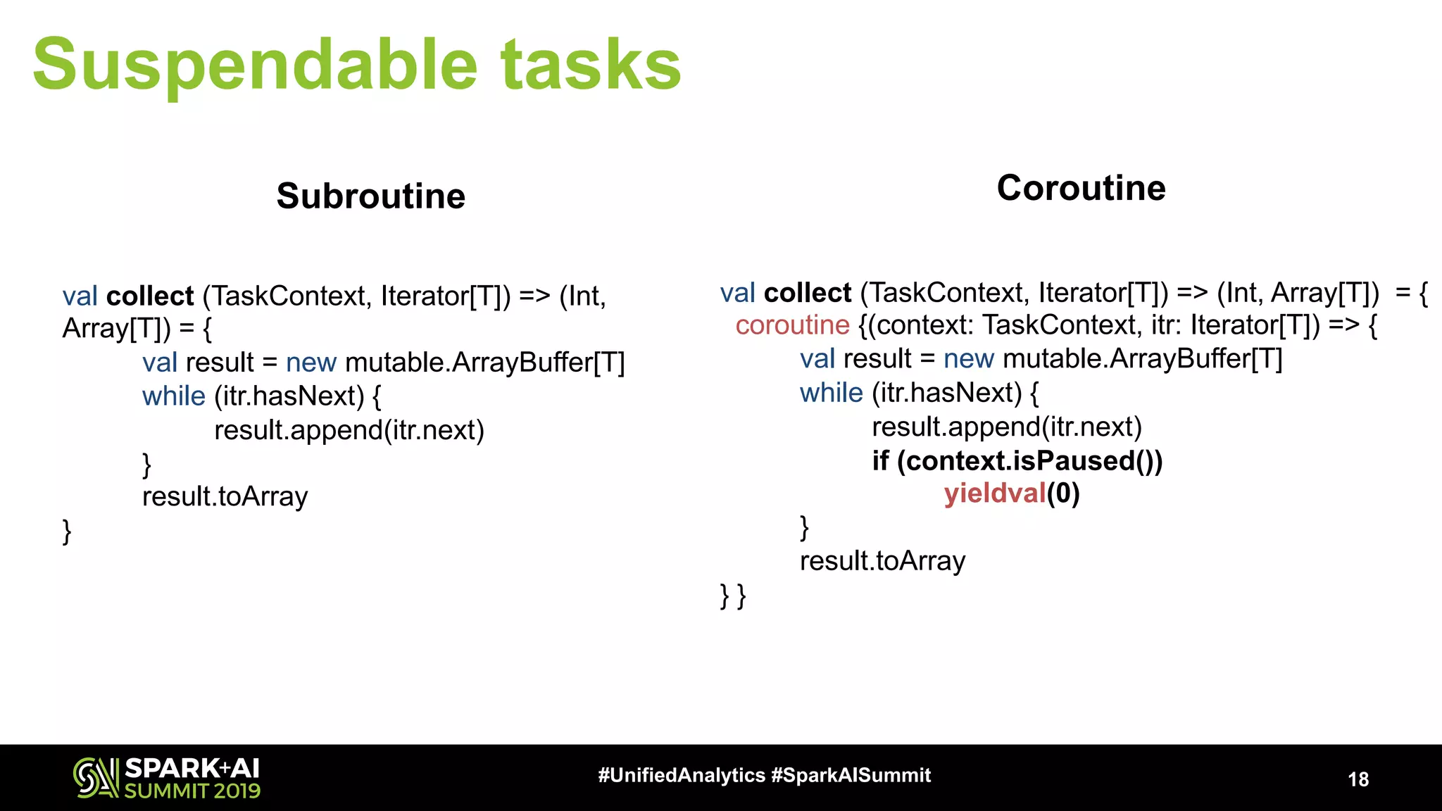 18#UnifiedAnalytics #SparkAISummit val collect (TaskContext, Iterator[T]) => (Int, Array[T]) = { val result = new mutable.ArrayBuffer[T] while (itr.hasNext) { result.append(itr.next) } result.toArray } val collect (TaskContext, Iterator[T]) => (Int, Array[T]) = { coroutine {(context: TaskContext, itr: Iterator[T]) => { val result = new mutable.ArrayBuffer[T] while (itr.hasNext) { result.append(itr.next) if (context.isPaused()) yieldval(0) } result.toArray } } Subroutine Coroutine Suspendable tasks 