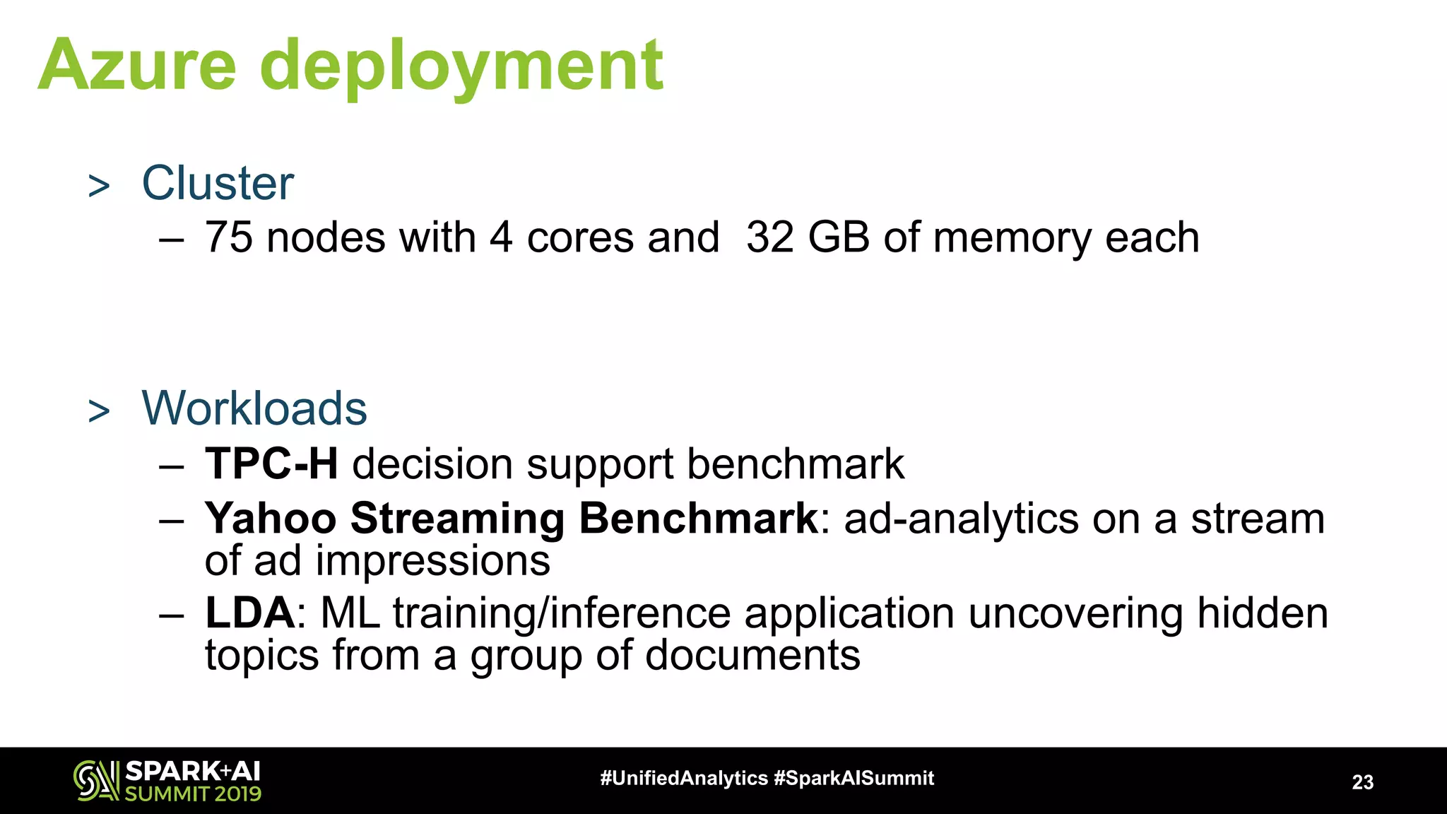 > Cluster – 75 nodes with 4 cores and 32 GB of memory each > Workloads – TPC-H decision support benchmark – Yahoo Streaming Benchmark: ad-analytics on a stream of ad impressions – LDA: ML training/inference application uncovering hidden topics from a group of documents 23#UnifiedAnalytics #SparkAISummit Azure deployment 
