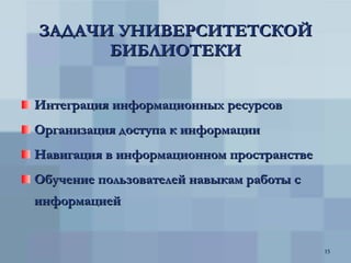 ЗАДАЧИ УНИВЕРСИТЕТСКОЙ БИБЛИОТЕКИ Интеграция информационных ресурсов  Организация доступа к информации Навигация в информационном пространстве Обучение пользователей навыкам работы с информацией 