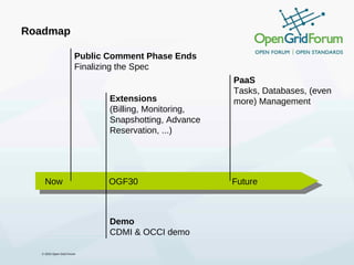 Roadmap

                       Public Comment Phase Ends
                       Finalizing the Spec
                                                      PaaS
                                                      Tasks, Databases, (even
                              Extensions              more) Management
                              (Billing, Monitoring,
                              Snapshotting, Advance
                              Reservation, ...)




    Now                       OGF30                   Future



                              Demo
                              CDMI & OCCI demo

  © 2010 Open Grid Forum
 