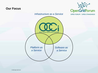 Our Focus
                               Infrastructure as a Service




                            Platform as           Software as
                             a Service             a Service




   © 2010 Open Grid Forum
 