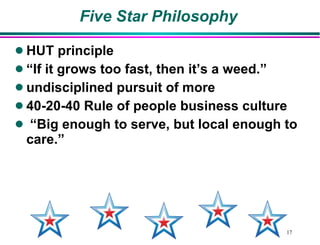 Five Star Philosophy HUT principle “ If it grows too fast, then it’s a weed.” undisciplined pursuit of more 40-20-40 Rule of people business culture “ Big enough to serve, but local enough to care.” 