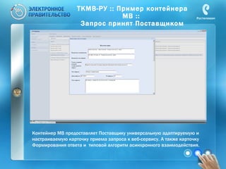 ТКМВ-РУ :: Пример контейнера МВ ::  Запрос принят Поставщиком Контейнер МВ предоставляет Поставщику универсальную адаптируемую и  настраиваемую карточку приема запроса к веб-сервису. А также карточку Формирования ответа и  типовой алгоритм асинхронного взаимодействия. 
