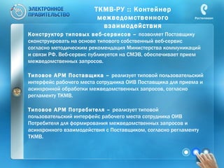 ТКМВ-РУ :: Контейнер межведомственного взаимодействия Конструктор типовых веб-сервисов –  позволяет Поставщику сконструировать на основе типового собственный веб-сервис согласно методическим рекомендация Министерства коммуникаций и связи РФ. Веб-сервис публикуется на СМЭВ, обеспечивает прием межведомственных запросов. Типовое АРМ Поставщика –  реализует типовой пользовательский интерфейс рабочего места сотрудника ОИВ Поставщика для приема и асинхронной обработки межведомственных запросов, согласно регламенту ТКМВ. Типовое АРМ Потребителя –  реализует типовой пользовательский интерфейс рабочего места сотрудника ОИВ Потребителя для формирования межведомственных запросов и асинхронного взаимодействия с Поставщиком, согласно регламенту ТКМВ. 