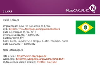 Ficha Técnica
Organização: Governo do Estado do Ceará
URL: https://www.facebook.com/governodoceara
Data de criação: 11/02/2011
Última atualização: 18/09/2012
Curtidores:10.449
Abas: Fotos, Convide seus amigos, Curtir, YouTube, Notas
Data da análise: 18/09/2012
Mais informações
Site oficial: http://www.ceara.gov.br
Wikipedia: http://pt.wikipedia.org/wiki/Cear%C3%A1
Outras redes sociais oficiais: Twitter, YouTube
CEARÁ
 