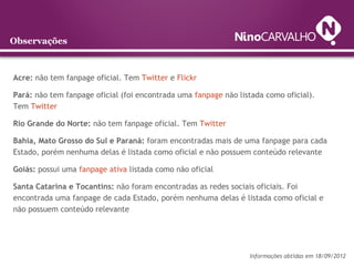 Observações
Acre: não tem fanpage oficial. Tem Twitter e Flickr
Pará: não tem fanpage oficial (foi encontrada uma fanpage não listada como oficial).
Tem Twitter
Rio Grande do Norte: não tem fanpage oficial. Tem Twitter
Bahia, Mato Grosso do Sul e Paraná: foram encontradas mais de uma fanpage para cada
Estado, porém nenhuma delas é listada como oficial e não possuem conteúdo relevante
Goiás: possui uma fanpage ativa listada como não oficial
Santa Catarina e Tocantins: não foram encontradas as redes sociais oficiais. Foi
encontrada uma fanpage de cada Estado, porém nenhuma delas é listada como oficial e
não possuem conteúdo relevante
Informações obtidas em 18/09/2012
 