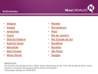 Referências
OBSERVAÇÕES
•Os Governos dos Estados do Acre, Bahia, Goiás, Mato Grosso do Sul, Pará, Rio Grande do Norte, Santa
Catarina e Tocantins não possuem perfis oficiais no Facebook
•Informações obtidas em 18/09/2012
 