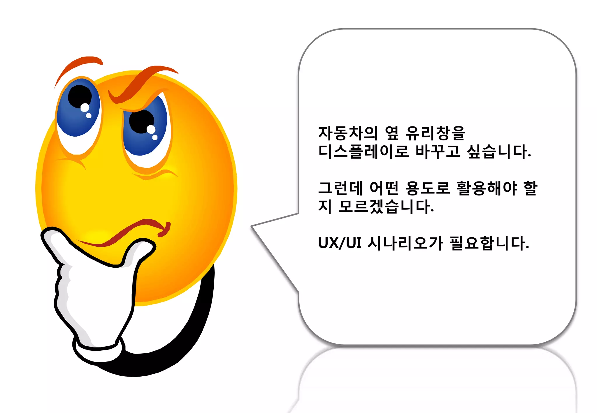 자동차의 옆 유리창을
디스플레이로 바꾸고 싶습니다.
그런데 어떤 용도로 활용해야 핛
지 모르겠습니다.
UX/UI 시나리오가 필요합니다.
 