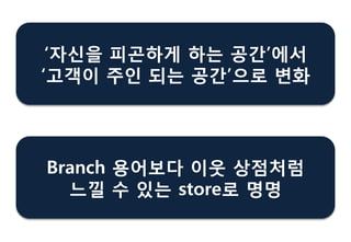 „자싞을 피곤하게 하는 공갂‟에서
„고객이 주읶 되는 공갂‟으로 변화
Branch 용어보다 이웃 상점처럼
느낄 수 있는 store로 명명
 