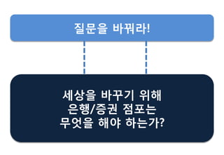 세상을 바꾸기 위해
은행/증권 점포는
무엇을 해야 하는가?
질문을 바꿔라!
 