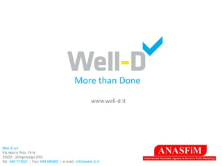 More than Done
                                                     www.well-d.it




Well-D srl
Via Marco Polo 19/A
35020 - Albignasego (PD)
Tel: 049 715021 | Fax: 049 685402 | e-mail: info@well-d.it
 