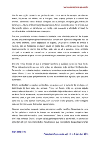 www.aptaregional.sp.gov.br
ISSN 2316-5146
Pesquisa & Tecnologia, vol. 11, n. 1, Jan-Jun 2014
Não fiz esta opção pensando em ganhar dinheiro com a venda de eucalipto para lascas,
lenhas, ou postes...(ao menos, não a principio). Meu objetivo principal é o conforto dos
animais. Bem estar, é sinal de boas condições para a produção. Boa produção pode trazer
bons lucros... Numa análise integral da propriedade, foram acrescidas cinco mil árvores, que
futuramente podem se transformar em renda, mas enquanto a atividade principal for
pecuária de leite, este destino está postergado.
Em uma propriedade vizinha a floresta foi adotada como atividade principal. As árvores
adultas, enquanto esperam para serem cortadas também tem a pecuária integrada, mas de
uma forma diferente. Menor capacidade de suporte, um pequeno número de animais é
mantido, pois as forrageiras produzem pouco em razão das sombras que impedem seu
desenvolvimento no interior dos talhões. Nela não se vê a pecuária, como atividade
principal, e somente os carreadores e pequenas áreas menos sombreadas onde a
iluminação permite é que é utilizada para alimentação de bovinos (neste caso, para pecuária
de corte).
Em uma revista técnica em que o professor questiona o sucesso ou não da nova moda.
Afirma categoricamente que por certo ambas as atividades terão perdas individualizadas.
Tem minha concordância absoluta, no entanto, as vantagens que estas integrações podem
trazer, diluindo o custo de implantação das atividades, trazendo um ganho ambiental pela
cobertura do solo quase que permanente durante as atividades que agrícola, quer pecuária
ou florestal.
Difícil é contabilizar os ganhos ambientais, os ganhos com o aumento da produção em
decorrência do bem estar dos animais. Prever um futuro, onde as árvores estarão
incorporadas ao inventário do imóvel se as atividades hoje dadas como principal, ainda o
serão no futuro. Atualmente, árvores de eucaliptos plantadas nas décadas de 70, 80, tem
altíssimo valor, e por certo, quando foram plantas, não se esperava tanto delas. Apreçar
como isto ou como estimar valor futuro, sem se avaliar o valor presente, onde vantagens
estão sendo incorporada de imediato a propriedade.
Algumas observações que pude realizar, sem dar um caráter científico. No período da seca,
de fato debaixo e próximos às árvores um secamento das gramíneas forrageiras bem
intenso. Ouso até descrevê-lo como “ressecamento”. Seca a planta, seca o solo, esturrica
tudo. Nas primeiras chuvas, o capim se recupera rapidamente e de imediato, os animais se
alimentam ali com mais intensidade e frequência do que nos restante das pastagens longe
 