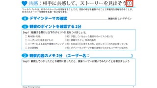 Design Thinking InstituteDesign Thinking Institute共感
  ワーク 相手に共感しよう！
持ち物：
すぎちゃん
①ワークシート2枚 ②自分のドリンク写真 ③チームで作成した
 質問項目(4つ)
 