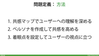 Design Thinking InstituteDesign Thinking Institute共感
  ワーク ストーリーの共有と把握
1.  順番に、観察やインタビューによって得られた
ストーリーを口頭で共有
2.  発言しているメンバーのストーリーを、
ポスト・イットに太い字で記録(発言者の右隣の方)
 