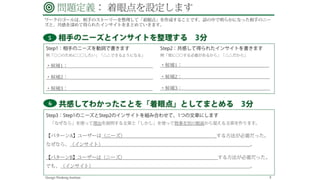 Design Thinking Institute問題定義
1.  共感マップでユーザーへの理解を深める
2.  ペルソナを作成して共感を高める
3.  着眼点を設定してユーザーの視点に立つ
問題定義： 方法
 