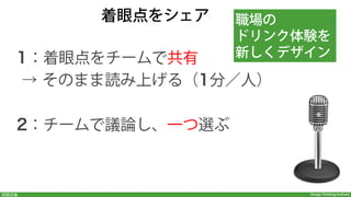 Design Thinking Institute問題定義
［(1)ユーザー］は［(2)ニーズ］を必要としている。
 なぜなら/でも…［(3)インサイト］。
着眼点を定める
 