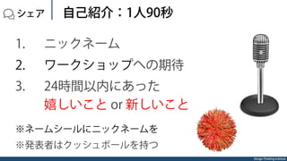 Design Thinking Institute
  シェア 自己紹介：1人90秒
1.  ニックネーム
2.  ワークショップへの期待
3.  24時間以内にあった
嬉しいこと or 新しいこと
※ネームシールにニックネームを
※発表者はクッシュボールを持つ
 