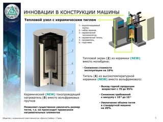 4
Тепловой узел с керамическим тиглем
1 – водоохлаждаемый
,корпус
2 – ,набор экранов
3 – керамический
,теплоизолятор
4 – ,керамический тигель
5 – ,нагреватель
6 – .подставка
Общество с ограниченной ответственностью «Дельта-Сапфир» г.Саров
ИННОВАЦИИ В КОНСТРУКЦИИ МАШИНЫ
Тепловой экран (2) из керамики (NEW)
вместо молибдена:
• Снижение стоимости
эксплуатации на 10%
Тигель (4) из высокотемпературной
керамики (NEW) вместо вольфрамового:
Керамический (NEW) токопроводящий
нагреватель (5) вместо вольфрамовых
прутков
Позволяет существенно увеличить размер
тигля, т.к. не происходит провисания
нагревательных элементов
• Выход годной продукции
возрастает с 70 до 95%
• Снижение требований
к вакууму с 10-5
до 10-2
• Увеличение объема тигля
в стандартной машине
на 20%
 