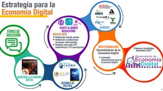 Primeros resultados
Diciembre 2017
AlianzasAlianzasAlianzasAjuste al Marco
Regulatorio
hoja de ruta
๏ Deﬁnición banda ancha
๏ Deﬁnición condiciones
servicios información
๏ Análisis mercado OTT
audiovisual y TV suscripción
midiendo la economía
digital
Estrategia para la
Economía Digital
3
Foros de
Discusión
Acciones de
Política
๏ Comisión
Intersectorial para la
Economía Digital
INSTITUCIONALIDAD
Viceministerio de la
Economía Digital
 