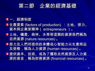 ڶIĽA һƶ  aҪ (factors of production)  ءYcIҾ entrepreneurs  ءVaɭ֡ˮȵ@YԴ҂QȻYԴ (nature resources)  ˂ṩwaƷڄգQYԴ (human resources)  ṩYg˫@ȡȻYԴYԴY𣬷QؔYԴ (financial resources)   