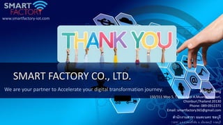 SMART FACTORY CO., LTD.
www.smartfactory-iot.com
We are your partner to Accelerate your digital transformation journey. สำนักงำนใหญ่
150/311 Moo 5, T. Huaykapi A.Muangchonburi,
Chonburi,Thailand 20130
Phone: 089-0912371
Email: smartfactory365@gmail.com
สำนักงำนสำขำ อมตะนคร ชลบุรี
118/97 ม.6 ต.ดอนหัวฬ่อ อ. เมืองชลบุรี จ.ชลบุรี
 