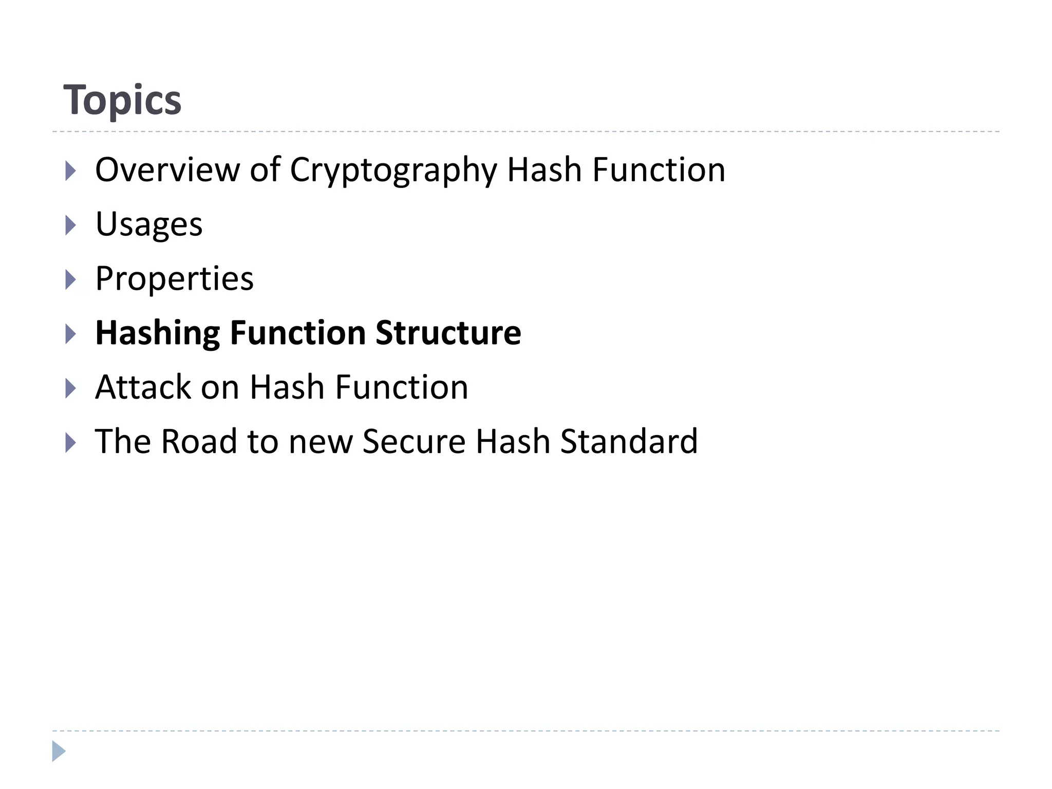 Topics
 Overview of Cryptography Hash Function
 Usages
 Properties
 Hashing Function Structure
 Attack on Hash Function
 The Road to new Secure Hash Standard
 