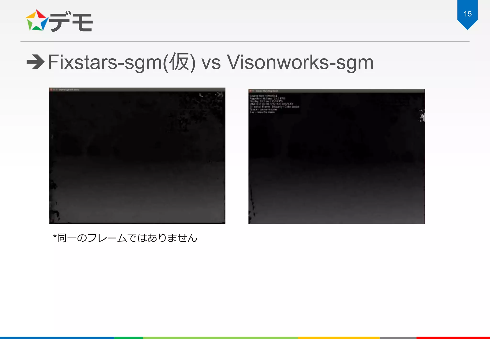 デモ
Fixstars-sgm(仮) vs Visonworks-sgm
15
*同一のフレームではありません
 