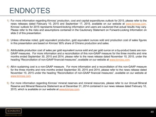 www.kinross.com
49
ENDNOTES
1) For more information regarding Kinross’ production, cost and capital expenditures outlook for 2015, please refer to the
news releases dated February 10, 2015 and September 17, 2015, available on our website at www.kinross.com.
Kinross’ outlook for 2015 represents forward-looking information and users are cautioned that actual results may vary.
Please refer to the risks and assumptions contained in the Cautionary Statement on Forward-Looking Information on
slide 2 of this presentation.
2) Unless otherwise noted, gold equivalent production, gold equivalent ounces sold and production cost of sales figures
in this presentation are based on Kinross’ 90% share of Chirano production and sales.
3) Attributable production cost of sales per gold equivalent ounce sold and per gold ounce on a by-product basis are non-
GAAP measures. For more information and a reconciliation of this non-GAAP measure for the three months and nine
months ended September 30, 2015 and 2014, please refer to the news release dated November 10, 2015, under the
heading “Reconciliation of non-GAAP financial measures”, available on our website at www.kinross.com.
4) All-in sustaining cost is a non-GAAP measure. For more information and a reconciliation of this non-GAAP measure
for the three months and nine months ended September 30, 2015 and 2014, please refer to the news release dated
November 10, 2015 under the heading “Reconciliation of non-GAAP financial measures”, available on our website at
www.kinross.com.
5) For more information regarding Kinross’ mineral reserves and mineral resources, please refer to our Annual Mineral
Reserve and Mineral Resource Statement as at December 31, 2014 contained in our news release dated February 10,
2015, which is available on our website at www.kinross.com.
 