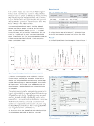 2
In all cases the Aroclor sold was a mixture of 209 congeners
that can result in a challenging separation and quantitation.
There are two main options for detection at the required limits
of quantitation; typically Mass Spectrometry (MS) or Electron
Capture Detection (ECD). This paper describes the application
of an ECD for the quantitation and identification of the PCBs
found in Aroclor 1260 and Aroclor 1016.
The Environmental Protection Agency (EPA) has released
method 8082 for the analysis of PCBs as Aroclors, having
tested the method against a select group of 19 congeners
common to many Aroclor mixtures. The analysis of Aroclors
and PCBs is complicated by matrix effects and the method
allows the analysis of Aroclors, using those selected congeners,
and also enables the analysis of other PCBs if appropriate
quality controls are in place.
Capillary Injector 225°C
Electron
Capture Detector
300°C
60 ml/min
Nitrogen
make up
Oven Program 150°C (Hold 1 min) Ramp 25°C/min
280°C (Hold 0.6 min) Ramp 35°C/min
315°C (Hold 0 min)
Analytical column Elite CLP 15 m x 0.530 mm x 0.5 µm
Experimental
Figure1.Standard chromatogram of mixed Aroclor 1016 and Aroclor 1260.
Figure 2. Custom calculation to establish the Average RF for the detailed
reference component.
A splitless injection was performed with 1 µL injected into a
4 mm SGE deactivated single taper liner without glass wool.
Results
A standard typical Aroclor chromatogram is shown in Figure 1.
A standard containing Aroclor 1016 and Aroclor 1260 will
contain many of the peaks that are present in other Aroclor
samples. The analyst therefore calibrates on EPA Method 8082
to cover the broad range of available congeners and it should
be noted that it is also possible to use EPA Method 8082 for
other congeners if appropriate resolution and reporting steps
are completed.
The method requires that a five point calibration is obtained for
linearity and to establish the response factor (RF) for a minimum
of 5 peaks from each Aroclor. The calibration curve generated
was from standards of 0.025, 0.05, 0.2, 0.4, and 0.8 µg/mL
prepared from a commercial stock standard diluted in iso-octane.
The RF for each analyte is automatically calculated for each
injection and it is possible to create a custom calculation using
the Waters®
Empower®
3 software that will average the RF for
each analyte based on the calibration curve.
An additional custom field will then calculate the amount from
the peak area and Average RF as described in Figure 3.
mV
40.00
45.00
50.00
55.00
60.00
Minutes
1.50 2.00 2.50 3.00 3.50 4.00 4.50 5.00 5.50
Aroclor1016peak1
Aroclor1016peak2
Aroclor1016peak3
Aroclor1016peak4
Aroclor1016peak5
Aroclor1016peak6
Aroclor1016peak7
Aroclor1016peak8
Aroclor1260peak1
Aroclor1260peak2
Aroclor1260peak3
Aroclor1260peak4
Aroclor1260peak5
Aroclor1260peak6
Aroclor1260peak7
Aroclor1260peak8
Aroclor1260peak9
Aroclor1260peak10
Aroclor1260peak11
Aroclor1260peak12
Aroclor1260peak13
Aroclor1260peak14
Table1.GC conditions: Clarus® 580 GC.
 
