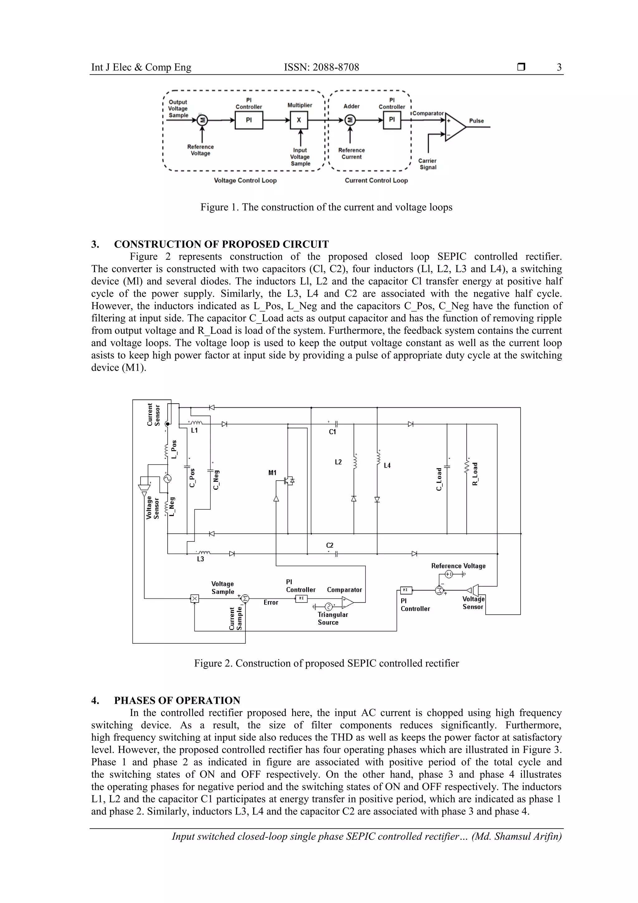 Int J Elec & Comp Eng ISSN: 2088-8708 
Input switched closed-loop single phase SEPIC controlled rectifier… (Md. Shamsul Arifin)
3
Figure 1. The construction of the current and voltage loops
3. CONSTRUCTION OF PROPOSED CIRCUIT
Figure 2 represents construction of the proposed closed loop SEPIC controlled rectifier.
The converter is constructed with two capacitors (Cl, C2), four inductors (Ll, L2, L3 and L4), a switching
device (Ml) and several diodes. The inductors Ll, L2 and the capacitor Cl transfer energy at positive half
cycle of the power supply. Similarly, the L3, L4 and C2 are associated with the negative half cycle.
However, the inductors indicated as L_Pos, L_Neg and the capacitors C_Pos, C_Neg have the function of
filtering at input side. The capacitor C_Load acts as output capacitor and has the function of removing ripple
from output voltage and R_Load is load of the system. Furthermore, the feedback system contains the current
and voltage loops. The voltage loop is used to keep the output voltage constant as well as the current loop
asists to keep high power factor at input side by providing a pulse of appropriate duty cycle at the switching
device (M1).
Figure 2. Construction of proposed SEPIC controlled rectifier
4. PHASES OF OPERATION
In the controlled rectifier proposed here, the input AC current is chopped using high frequency
switching device. As a result, the size of filter components reduces significantly. Furthermore,
high frequency switching at input side also reduces the THD as well as keeps the power factor at satisfactory
level. However, the proposed controlled rectifier has four operating phases which are illustrated in Figure 3.
Phase 1 and phase 2 as indicated in figure are associated with positive period of the total cycle and
the switching states of ON and OFF respectively. On the other hand, phase 3 and phase 4 illustrates
the operating phases for negative period and the switching states of ON and OFF respectively. The inductors
L1, L2 and the capacitor C1 participates at energy transfer in positive period, which are indicated as phase 1
and phase 2. Similarly, inductors L3, L4 and the capacitor C2 are associated with phase 3 and phase 4.
 