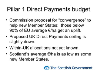 Pillar 1 Direct Payments budget <ul><li>Commission proposal for “convergence” to help new Member States:  those below 90% ...