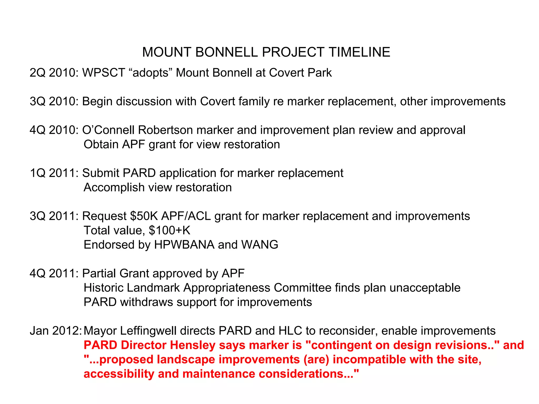 2Q 2010: WPSCT “adopts” Mount Bonnell at Covert Park 3Q 2010: Begin discussion with Covert family re marker replacement, other improvements 4Q 2010: O’Connell Robertson marker and improvement plan review and approval Obtain APF grant for view restoration 1Q 2011: Submit PARD application for marker replacement Accomplish view restoration 3Q 2011: Request $50K APF/ACL grant for marker replacement and improvements Total value, $100+K  Endorsed by HPWBANA and WANG 4Q 2011: Partial Grant approved by APF Historic Landmark Appropriateness Committee finds plan unacceptable PARD withdraws support for improvements Jan 2012: Mayor Leffingwell directs PARD and HLC to reconsider, enable improvements PARD Director Hensley says marker is "contingent on design revisions.." and  "...proposed landscape improvements (are) incompatible with the site,  accessibility and maintenance considerations..." MOUNT BONNELL PROJECT TIMELINE 