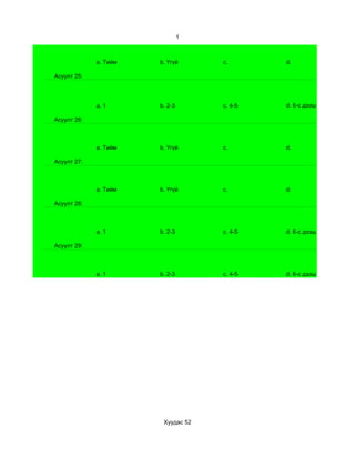 1



             a. Тийм   b. Үгүй      c.       d.

Асуулт 25:




             a. 1      b. 2-3       c. 4-5   d. 6-с дээш

Асуулт 26:



             a. Тийм   b. Үгүй      c.       d.

Асуулт 27:



             a. Тийм   b. Үгүй      c.       d.

Асуулт 28:



             a. 1      b. 2-3       c. 4-5   d. 6-с дээш

Асуулт 29:



             a. 1      b. 2-3       c. 4-5   d. 6-с дээш




                        Хуудас 52
 
