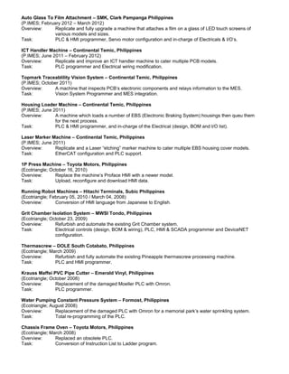 Auto Glass To Film Attachment – SMK, Clark Pampanga Philippines
(P.IMES; February 2012 – March 2012)
Overview: Replicate and fully upgrade a machine that attaches a film on a glass of LED touch screens of
various models and sizes.
Task: PLC & HMI programmer, Servo motor configuration and in-charge of Electricals & I/O’s.
ICT Handler Machine – Continental Temic, Philippines
(P.IMES; June 2011 – February 2012)
Overview: Replicate and improve an ICT handler machine to cater multiple PCB models.
Task: PLC programmer and Electrical wiring modification.
Topmark Traceablility Vision System – Continental Temic, Philippines
(P.IMES; October 2011)
Overview: A machine that inspects PCB’s electronic components and relays information to the MES.
Task: Vision System Programmer and MES integration.
Housing Loader Machine – Continental Temic, Philippines
(P.IMES; June 2011)
Overview: A machine which loads a number of EBS (Electronic Braking System) housings then queu them
for the next process.
Task: PLC & HMI programmer, and in-charge of the Electrical (design, BOM and I/O list).
Laser Marker Machine – Continental Temic, Philippines
(P.IMES; June 2011)
Overview: Replicate and a Laser “etching” marker machine to cater multiple EBS housing cover models.
Task: EtherCAT configuration and PLC support.
1P Press Machine – Toyota Motors, Philippines
(Ecotriangle; October 16, 2010)
Overview: Replace the machine’s Proface HMI with a newer model.
Task: Upload, reconfigure and download HMI data.
Running Robot Machines – Hitachi Terminals, Subic Philippines
(Ecotriangle; February 05, 2010 / March 04, 2008)
Overview: Conversion of HMI language from Japanese to English.
Grit Chamber Isolation System – MWSI Tondo, Philippines
(Ecotriangle; October 23, 2009)
Overview: Refurbish and automate the existing Grit Chamber system.
Task: Electrical controls (design, BOM & wiring), PLC, HMI & SCADA programmer and DeviceNET
configuration.
Thermascrew – DOLE South Cotabato, Philippines
(Ecotriangle; March 2009)
Overview: Refurbish and fully automate the existing Pineapple thermascrew processing machine.
Task: PLC and HMI programmer.
Krauss Maffei PVC Pipe Cutter – Emerald Vinyl, Philippines
(Ecotriangle; October 2008)
Overview: Replacement of the damaged Moeller PLC with Omron.
Task: PLC programmer.
Water Pumping Constant Pressure System – Formost, Philippines
(Ecotriangle; August 2008)
Overview: Replacement of the damaged PLC with Omron for a memorial park’s water sprinkling system.
Task: Total re-programming of the PLC.
Chassis Frame Oven – Toyota Motors, Philippines
(Ecotriangle; March 2008)
Overview: Replaced an obsolete PLC.
Task: Conversion of Instruction List to Ladder program.
 