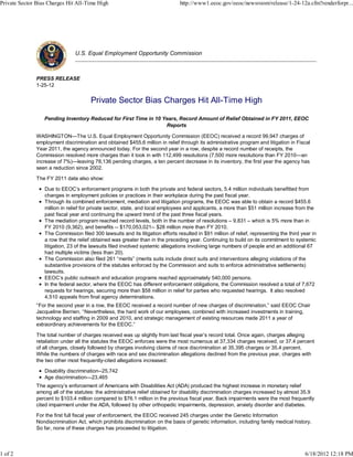 Private Sector Bias Charges Hit All-Time High                                   http://www1.eeoc.gov/eeoc/newsroom/release/1-24-12a.cfm?renderforpr...




                                U.S. Equal Employment Opportunity Commission



               PRESS RELEASE
               1-25-12


                                       Private Sector Bias Charges Hit All-Time High

                  Pending Inventory Reduced for First Time in 10 Years, Record Amount of Relief Obtained in FY 2011, EEOC
                                                                  Reports

               WASHINGTON—The U.S. Equal Employment Opportunity Commission (EEOC) received a record 99,947 charges of
               employment discrimination and obtained $455.6 million in relief through its administrative program and litigation in Fiscal
               Year 2011, the agency announced today. For the second year in a row, despite a record number of receipts, the
               Commission resolved more charges than it took in with 112,499 resolutions (7,500 more resolutions than FY 2010—an
               increase of 7%)—leaving 78,136 pending charges, a ten percent decrease in its inventory, the first year the agency has
               seen a reduction since 2002.

               The FY 2011 data also show:

                  Due to EEOC’s enforcement programs in both the private and federal sectors, 5.4 million individuals benefitted from
                  changes in employment policies or practices in their workplace during the past fiscal year.
                  Through its combined enforcement, mediation and litigation programs, the EEOC was able to obtain a record $455.6
                  million in relief for private sector, state, and local employees and applicants, a more than $51 million increase from the
                  past fiscal year and continuing the upward trend of the past three fiscal years.
                  The mediation program reached record levels, both in the number of resolutions – 9,831 – which is 5% more than in
                  FY 2010 (9,362), and benefits -- $170,053,021-- $28 million more than FY 2010.
                  The Commission filed 300 lawsuits and its litigation efforts resulted in $91 million of relief, representing the third year in
                  a row that the relief obtained was greater than in the preceding year. Continuing to build on its commitment to systemic
                  litigation, 23 of the lawsuits filed involved systemic allegations involving large numbers of people and an additional 67
                  had multiple victims (less than 20).
                  The Commission also filed 261 “merits” (merits suits include direct suits and interventions alleging violations of the
                  substantive provisions of the statutes enforced by the Commission and suits to enforce administrative settlements)
                  lawsuits.
                  EEOC’s public outreach and education programs reached approximately 540,000 persons.
                  In the federal sector, where the EEOC has different enforcement obligations, the Commission resolved a total of 7,672
                  requests for hearings, securing more than $58 million in relief for parties who requested hearings. It also resolved
                  4,510 appeals from final agency determinations.
               “For the second year in a row, the EEOC received a record number of new charges of discrimination,” said EEOC Chair
               Jacqueline Berrien. “Nevertheless, the hard work of our employees, combined with increased investments in training,
               technology and staffing in 2009 and 2010, and strategic management of existing resources made 2011 a year of
               extraordinary achievements for the EEOC.”

               The total number of charges received was up slightly from last fiscal year’s record total. Once again, charges alleging
               retaliation under all the statutes the EEOC enforces were the most numerous at 37,334 charges received, or 37.4 percent
               of all charges, closely followed by charges involving claims of race discrimination at 35,395 charges or 35.4 percent.
               While the numbers of charges with race and sex discrimination allegations declined from the previous year, charges with
               the two other most frequently-cited allegations increased:

                  Disability discrimination--25,742
                  Age discrimination—23,465
               The agency’s enforcement of Americans with Disabilities Act (ADA) produced the highest increase in monetary relief
               among all of the statutes: the administrative relief obtained for disability discrimination charges increased by almost 35.9
               percent to $103.4 million compared to $76.1 million in the previous fiscal year. Back impairments were the most frequently
               cited impairment under the ADA, followed by other orthopedic impairments, depression, anxiety disorder and diabetes.

               For the first full fiscal year of enforcement, the EEOC received 245 charges under the Genetic Information
               Nondiscrimination Act, which prohibits discrimination on the basis of genetic information, including family medical history.
               So far, none of these charges has proceeded to litigation.



1 of 2                                                                                                                                    6/18/2012 12:18 PM
 