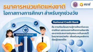 ธนาคารหน่วยกิตแห่งชาติ
•ระบบธนาคารหน่วยกิตแห่งชาติ
(National Credit Bank)
• คือการมีระบบทะเบียนสะสมหน่วยกิตและกลไกในการเที...