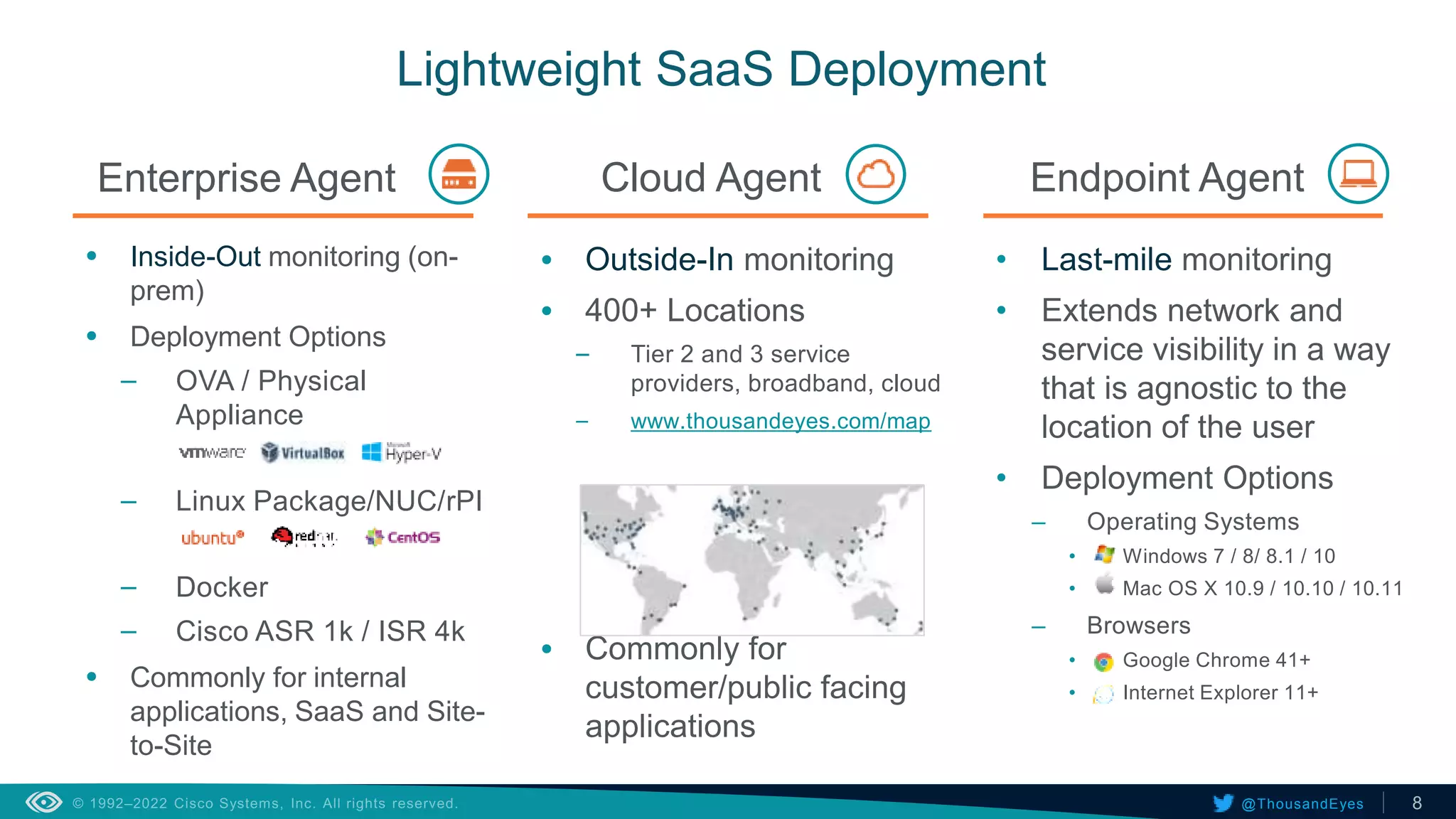 8
@ThousandEyes
• Inside-Out monitoring (on-
prem)
• Deployment Options
– OVA / Physical
Appliance
– Linux Package/NUC/rPI
– Docker
– Cisco ASR 1k / ISR 4k
• Commonly for internal
applications, SaaS and Site-
to-Site
Lightweight SaaS Deployment
• Last-mile monitoring
• Extends network and
service visibility in a way
that is agnostic to the
location of the user
• Deployment Options
– Operating Systems
• Windows 7 / 8/ 8.1 / 10
• Mac OS X 10.9 / 10.10 / 10.11
– Browsers
• Google Chrome 41+
• Internet Explorer 11+
Enterprise Agent Endpoint Agent
• Outside-In monitoring
• 400+ Locations
– Tier 2 and 3 service
providers, broadband, cloud
– www.thousandeyes.com/map
• Commonly for
customer/public facing
applications
Cloud Agent
 