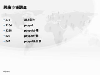 網路市場調查


 275       線上刷卡
 9104      paypal
 3258      paypal台灣
 826       paypal付款
 647       paypal是什麼




Page  23
 