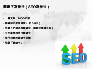 關鍵字寫作法（SEO寫作法）


 一篇文案：200-300字
 關鍵字密度要適當（ 約 3-8次）
 找尋人們關注的關鍵字（關鍵字建議工具）
 在文章標題使用關鍵字
 使用相關的關鍵字詞彙
 強調「關鍵字」
 