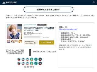 31
公募形式でも募集できます
インスタグラマー
興味のあるオファーに対して応募
プラットフォーム上で発信、
また、メルマガ、自社SNS、
その他広告で告知します
掲載サイト
http://myrooster.net/
・応募数平均：30人
・応募者の平均フォロワー数：20,000人
・応募者総フォロワー数：600,000人
・応募者の属性：
モデル、読者モデル、主婦など
掲載期間は最大30日間です。トップ表示や
DM掲載の場合はオプション料金が加算さ
れます。
公募では1,300人以上のインスタグラマーに向けて、ROOSTERプラットフォーム上で公募形式でプロモーションを
依頼できる方を募集することができます。
 
