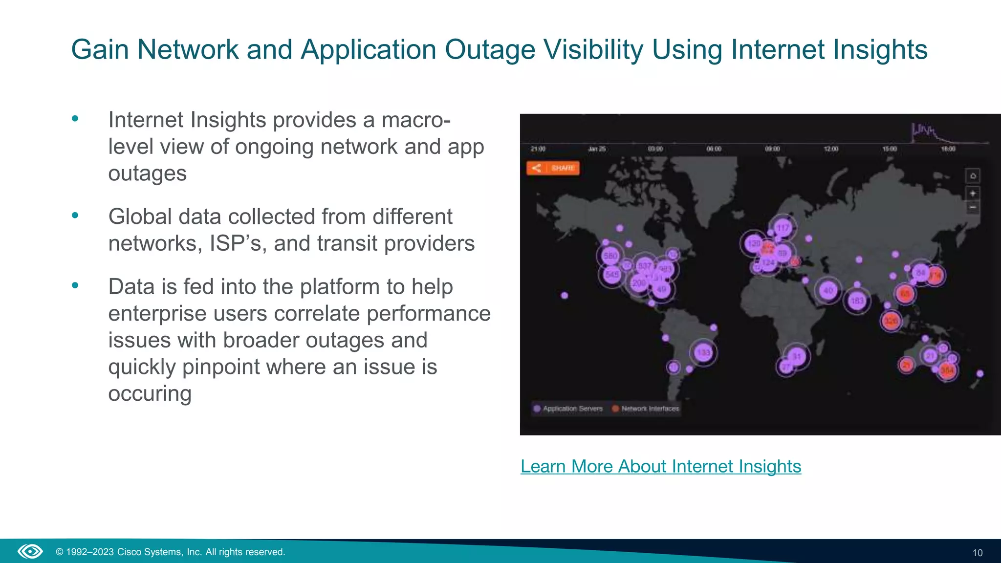 10
© 1992–2023 Cisco Systems, Inc. All rights reserved.
Gain Network and Application Outage Visibility Using Internet Insights
• Internet Insights provides a macro-
level view of ongoing network and app
outages
• Global data collected from different
networks, ISP’s, and transit providers
• Data is fed into the platform to help
enterprise users correlate performance
issues with broader outages and
quickly pinpoint where an issue is
occuring
Learn More About Internet Insights
 