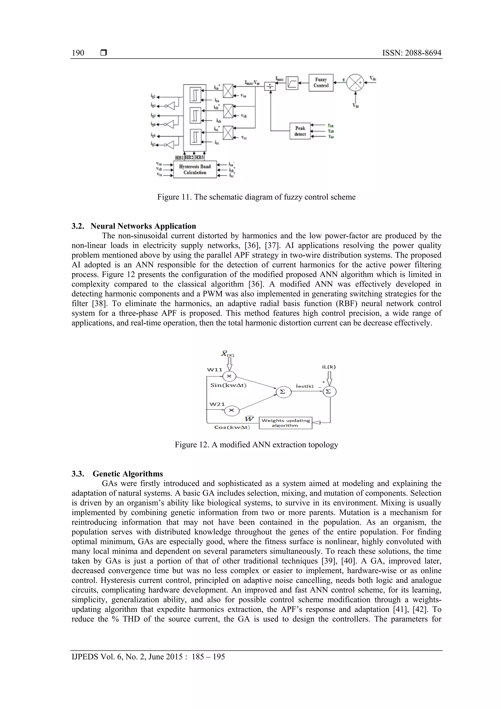  ISSN: 2088-8694
IJPEDS Vol. 6, No. 2, June 2015 : 185 – 195
190
Figure 11. The schematic diagram of fuzzy control scheme
3.2. Neural Networks Application
The non-sinusoidal current distorted by harmonics and the low power-factor are produced by the
non-linear loads in electricity supply networks, [36], [37]. AI applications resolving the power quality
problem mentioned above by using the parallel APF strategy in two-wire distribution systems. The proposed
AI adopted is an ANN responsible for the detection of current harmonics for the active power filtering
process. Figure 12 presents the configuration of the modified proposed ANN algorithm which is limited in
complexity compared to the classical algorithm [36]. A modified ANN was effectively developed in
detecting harmonic components and a PWM was also implemented in generating switching strategies for the
filter [38]. To eliminate the harmonics, an adaptive radial basis function (RBF) neural network control
system for a three-phase APF is proposed. This method features high control precision, a wide range of
applications, and real-time operation, then the total harmonic distortion current can be decrease effectively.
Figure 12. A modified ANN extraction topology
3.3. Genetic Algorithms
GAs were firstly introduced and sophisticated as a system aimed at modeling and explaining the
adaptation of natural systems. A basic GA includes selection, mixing, and mutation of components. Selection
is driven by an organism’s ability like biological systems, to survive in its environment. Mixing is usually
implemented by combining genetic information from two or more parents. Mutation is a mechanism for
reintroducing information that may not have been contained in the population. As an organism, the
population serves with distributed knowledge throughout the genes of the entire population. For finding
optimal minimum, GAs are especially good, where the fitness surface is nonlinear, highly convoluted with
many local minima and dependent on several parameters simultaneously. To reach these solutions, the time
taken by GAs is just a portion of that of other traditional techniques [39], [40]. A GA, improved later,
decreased convergence time but was no less complex or easier to implement, hardware-wise or as online
control. Hysteresis current control, principled on adaptive noise cancelling, needs both logic and analogue
circuits, complicating hardware development. An improved and fast ANN control scheme, for its learning,
simplicity, generalization ability, and also for possible control scheme modification through a weights-
updating algorithm that expedite harmonics extraction, the APF’s response and adaptation [41], [42]. To
reduce the % THD of the source current, the GA is used to design the controllers. The parameters for
 