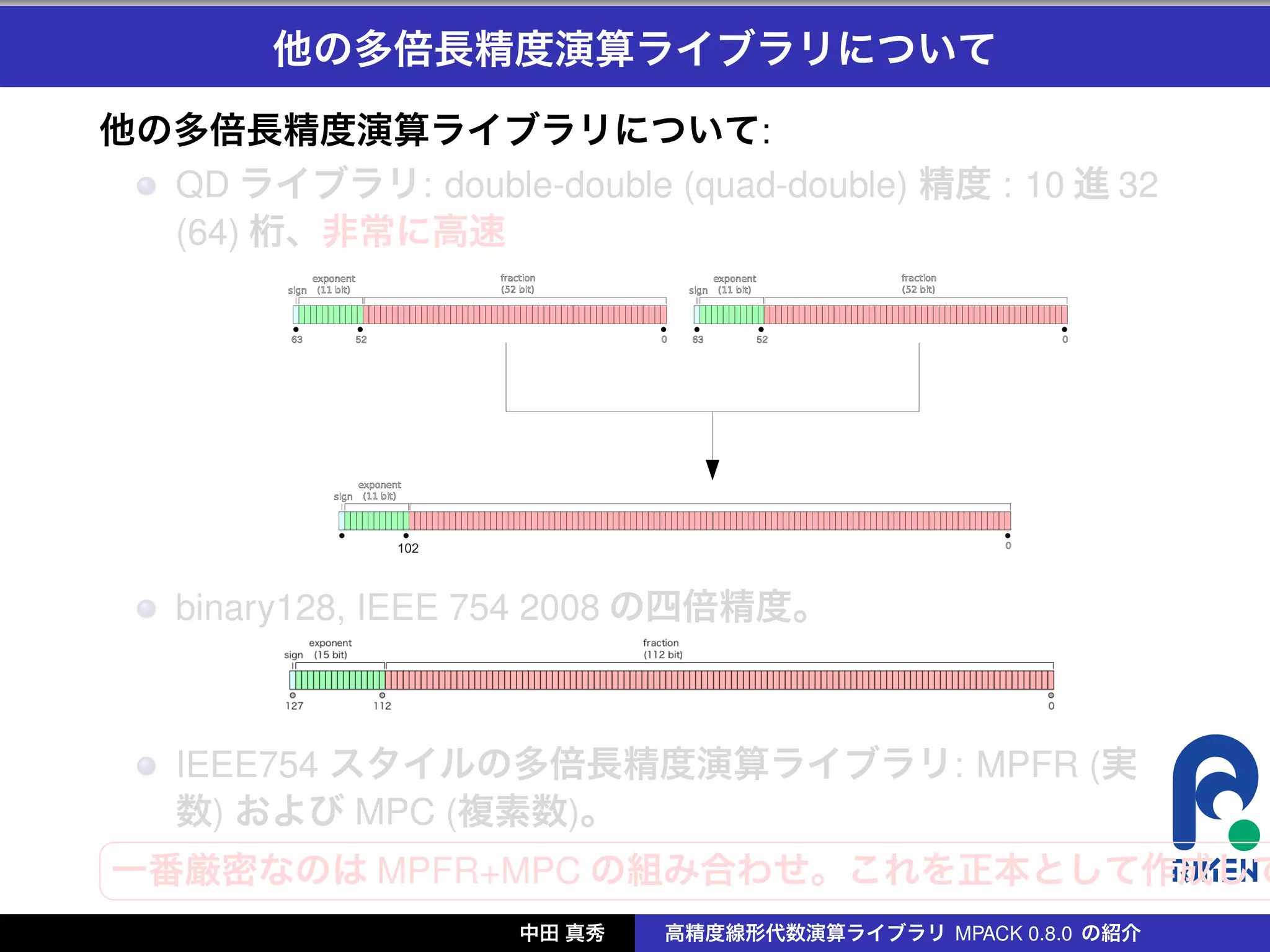他の多倍長精度演算ライブラリについて
他の多倍長精度演算ライブラリについて:
  QD ライブラリ: double-double (quad-double) 精度 : 10 進 32
  (64) 桁、非常に高速




    binary128, IEEE 754 2008 の四倍精度。



    IEEE754 スタイルの多倍長精度演算ライブラリ: MPFR (実
    数) および MPC (複素数)。
§
一番厳密なのは MPFR+MPC の組み合わせ。これを正本として作成して
¦
                    中田 真秀   高精度線形代数演算ライブラリ MPACK 0.8.0 の紹介
 