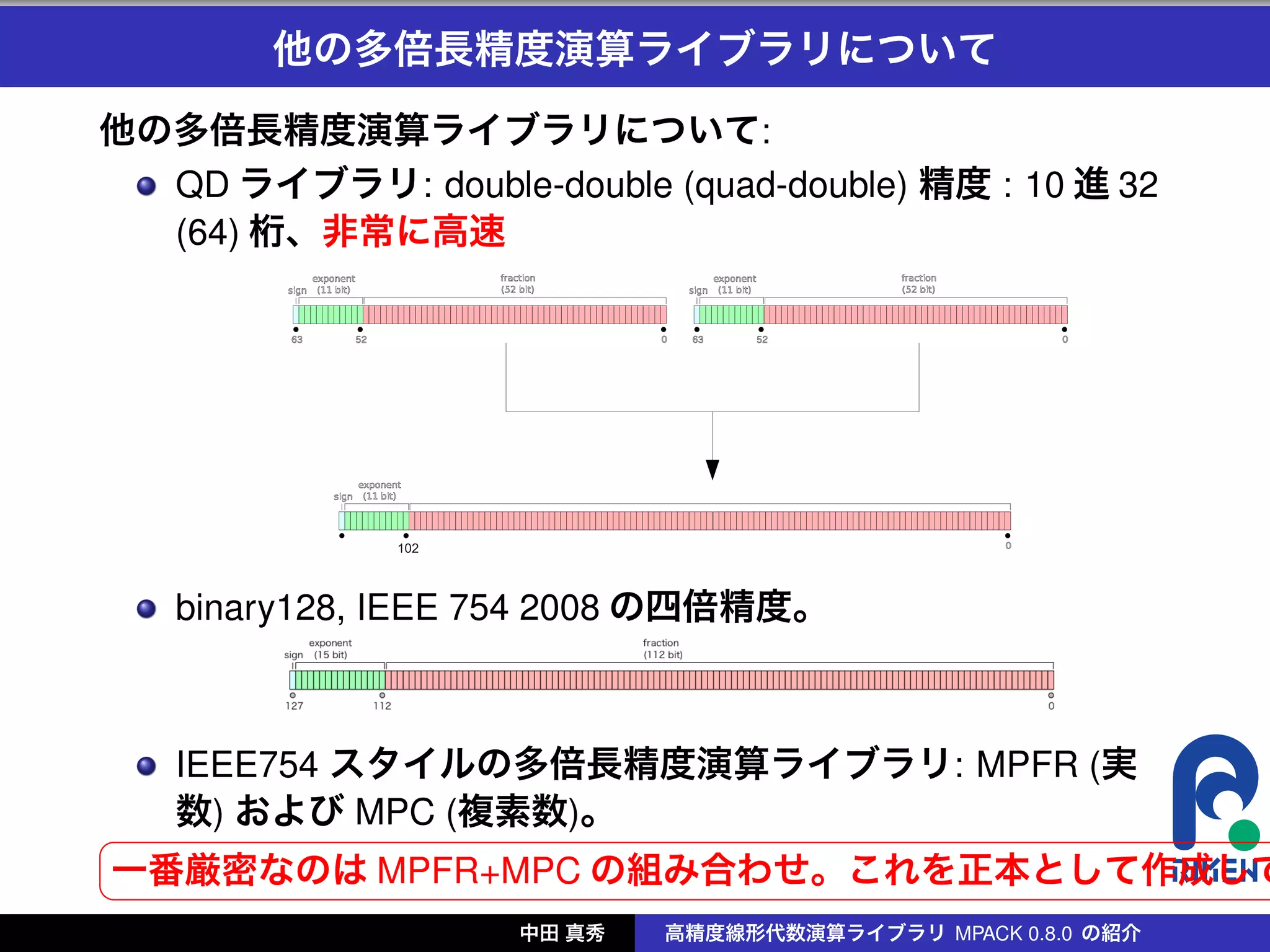 他の多倍長精度演算ライブラリについて
他の多倍長精度演算ライブラリについて:
  QD ライブラリ: double-double (quad-double) 精度 : 10 進 32
  (64) 桁、非常に高速




    binary128, IEEE 754 2008 の四倍精度。



    IEEE754 スタイルの多倍長精度演算ライブラリ: MPFR (実
    数) および MPC (複素数)。
§
一番厳密なのは MPFR+MPC の組み合わせ。これを正本として作成して
¦
                    中田 真秀   高精度線形代数演算ライブラリ MPACK 0.8.0 の紹介
 